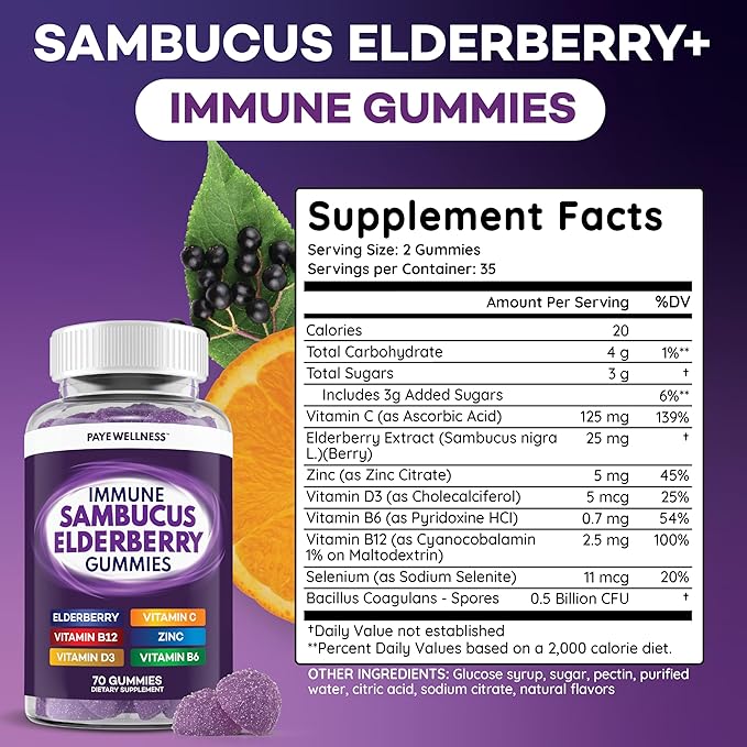 Elderberry Gummies Immune Support, Daily Support for Kids and Adults*, with Sambucus Elderberry, Zinc, Vitamin C, D3, B6, B12, Plus - Dietary Supplement - 140 Count