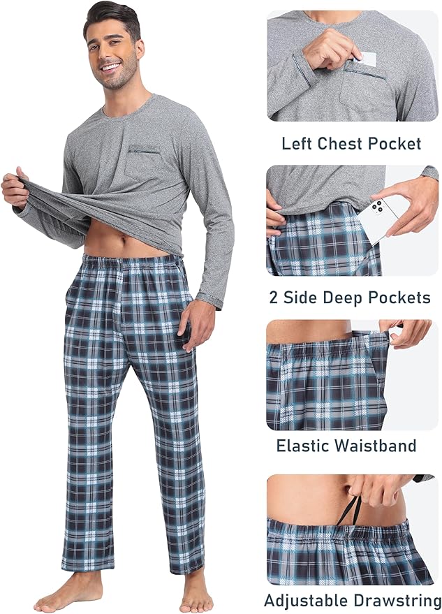 MoFiz Men's Pajamas Plaid Sets Sleepwear Sleep Long Sleeve Shirts and Pants Pajama Set Soft Mens Pjs Lounge Set with Pockets