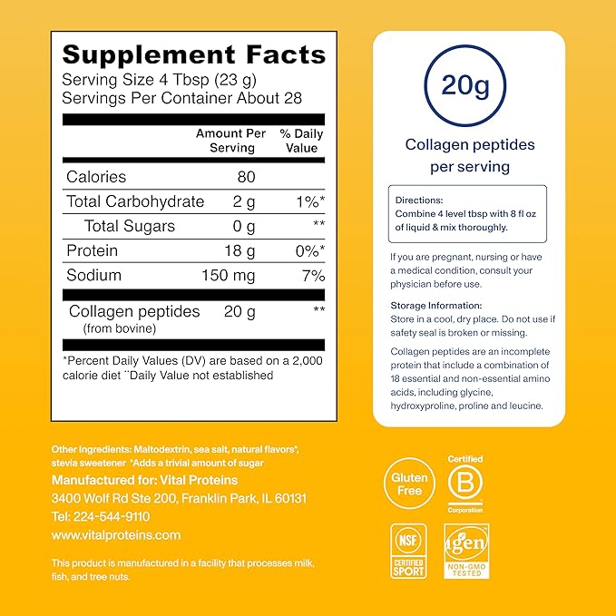 Vital Proteins Collagen Peptides Powder - Grass Fed Collagen Peptides for Hair, Nail, Skin, Bone & Joint Health, Vanilla, 23.2 Ounces