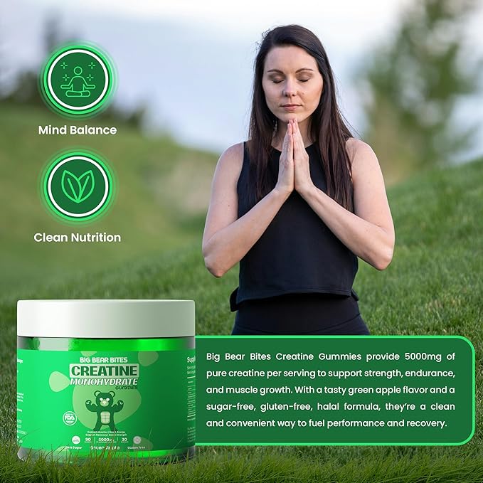 Creatine Monohydrate Gummies for Men & Women | 5000mg of Creatine Gummies per Serving | Sugar, Gluten Free & Halal | Pack of 90 for Pre Workout Support | Green Apple Flavor