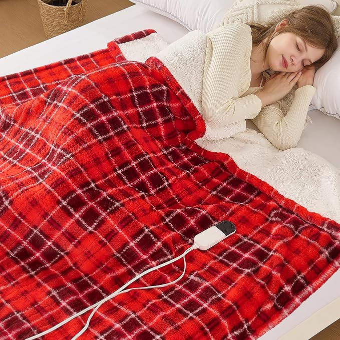 MAXEVE Faux Fur Heated Electric Blanket, 84"x90" Fast Heating Warming Queen Blankets with 8 Heating Levels & 8 Hours Auto Off with Over-Heat Protection & ETL Certified, Plaid Red