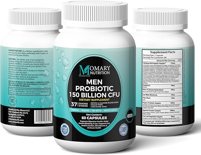 8 in 1 Bio Cultures Complex for Men, 150 Billion CFU Probiotics | 37 Diverse Strains | Organic Prebiotics | Postbiotics | Digestive Enzymes, Support Digestive Health, Microbiome, Colon & Immune Health