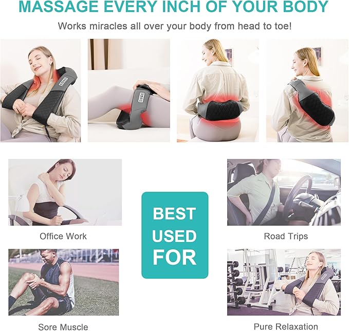 Medcursor Neck Massager, Portable Electric Shiatsu Back Massage Device with Heat, Deep Tissue 3D Kneading Pillow for Muscle Pain Relief (No Battery)