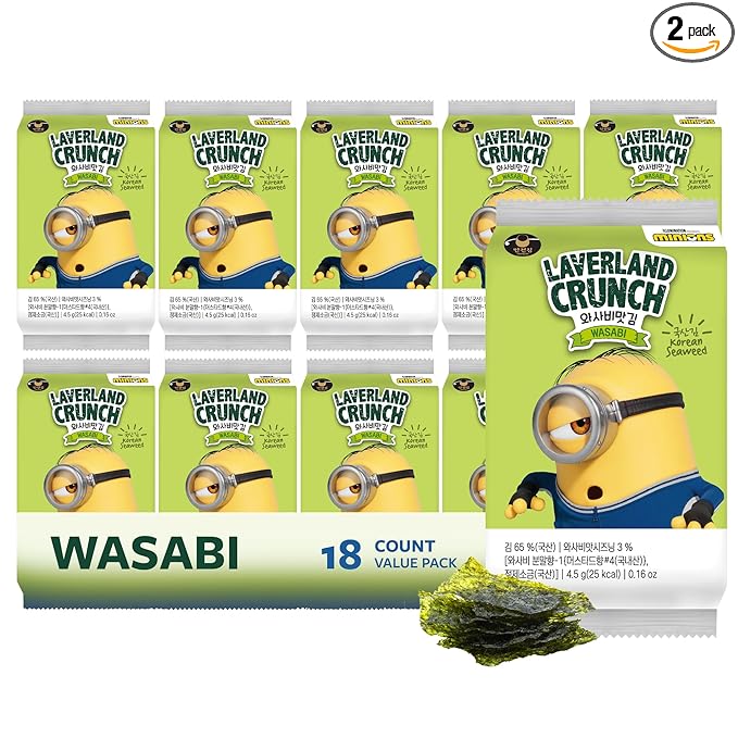 Laverland Crunch Minions Seaweed Snack Wasabi Flavor 18 Count (2 Packs), Korean Roasted Seaweed, Low Calorie, Vegan and Keto friendly, Gluten Free
