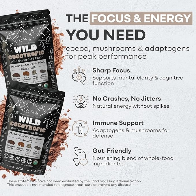 Organic Cocotropic Superfood Mushroom Hot Chocolate Mix, 8 oz | Non-GMO, Vegan, Gluten Free, Reishi Mushrooms, Chaga
