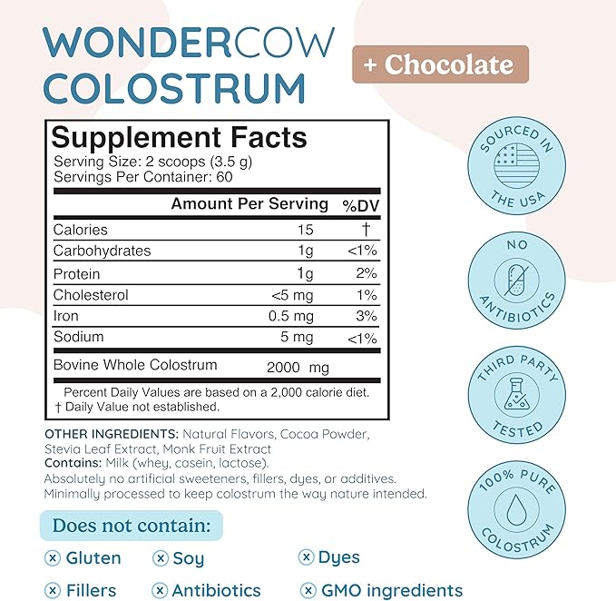 Colostrum Supplement Powder for Gut Health, Immune Support, Muscle Recovery & Wellness | Natural IgG Pure Whole Bovine Colostrum Superfood, Chocolate, 60 Servings