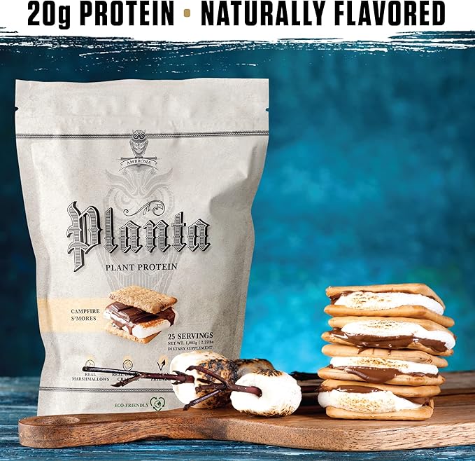 Ambrosia Planta - Premium Plant-Based Protein | Vegan & Keto Friendly | Gourmet Flavors with No Bloating or Stomach Upset | Gluten & Soy Free | No Added Sugar | 25 Servings | Campfire Smores
