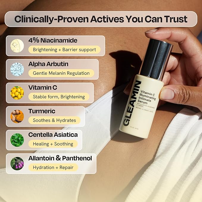 Gleamin Illuminating Intimate Serum with Vitamin C, 4% Niacinamide & Alpha Arbutin, Brightening Hyperpigmentation Treatment for Body - Underarm, Intimates Areas & Inner Thigh Lightening, 1 Fl oz