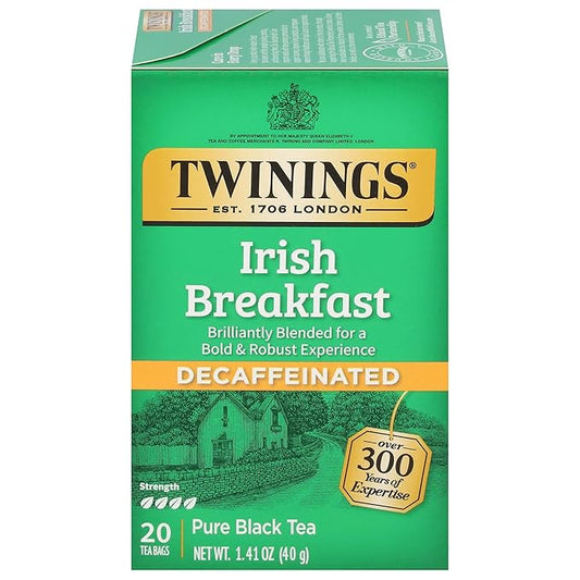 Twinings Decaffeinated Irish Breakfast Black Tea Individually Wrapped Bags, 20 Count (Pack of 1), Flavourful, Robust, Enjoy Hot or Iced, 20 Teabags