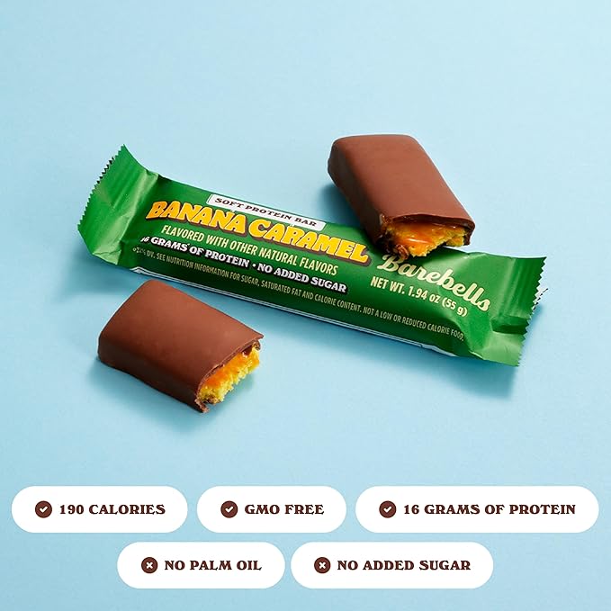 Barebells Soft Protein Bars Banana Caramel - 24 Bars (2 Packs of 12) - Protein Snacks with 16g of High Protein - Fluffy Chocolate Treat with 2g of Total Sugars - Soft Protein Snack & Breakfast Bars