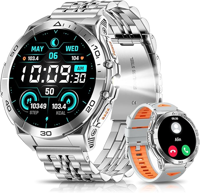 Military Smart Watches for Men with Bluetooth Call, 1.6" AMOLED Waterproof Smartwatch with Flashlight, 116 Sport Modes, 600mAh Heart Rate/SpO2/Sleep Monitor Fitness Tracker for Android iOS