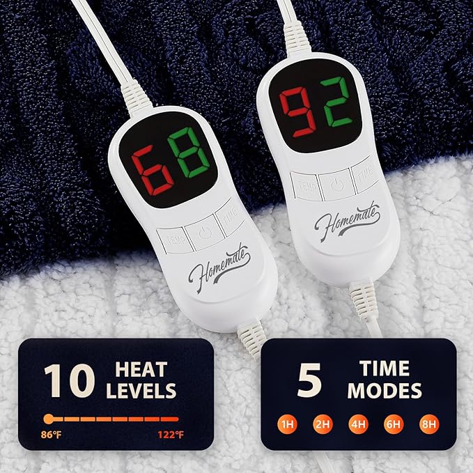 Homemate Electric Heated Blanket Queen - 84"x90" Heating Bed Blankets Throw with 10 Heating Levels 8 Hours Auto Off Fast Heating Over-Heated Protection Ultra Soft Warm Flannel ETL Certified
