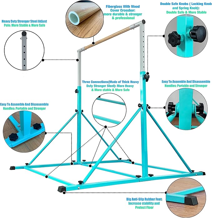 Gymnastic Bar for Kid and Teenage Ages 3-25, 5 FT / 6 FT Base Length, 5 FT / 6 FT Height, Gymnastic Kip Bar Horizontal Bar for Gymnast, Gymnastic Training Equipment for Home and Club Use