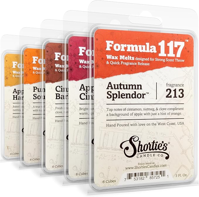 Shortie's Candle Company Fall Spice Wax Melts Variety 5 Pack - Formula 117-5 Highly Scented 3 Oz. Bars - Made with Natural & Essential Oils - Fall Warmer Wax Cubes