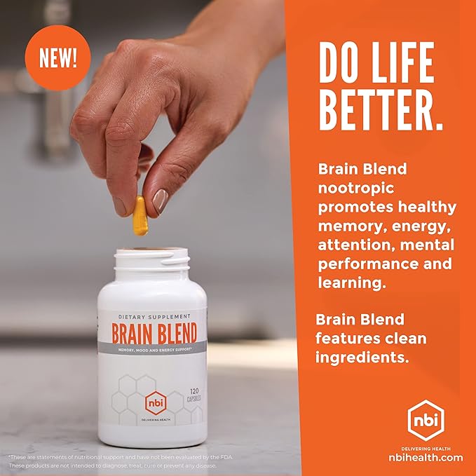 NBI Brain Blend for Memory, Focus, Concentration, Cognitive Function for Men & Women | Caffeine-Free with ALCAR, Alpha Lipoic Acid, Huperzine A, Turmeric | Nootropic | 120ct Capsules