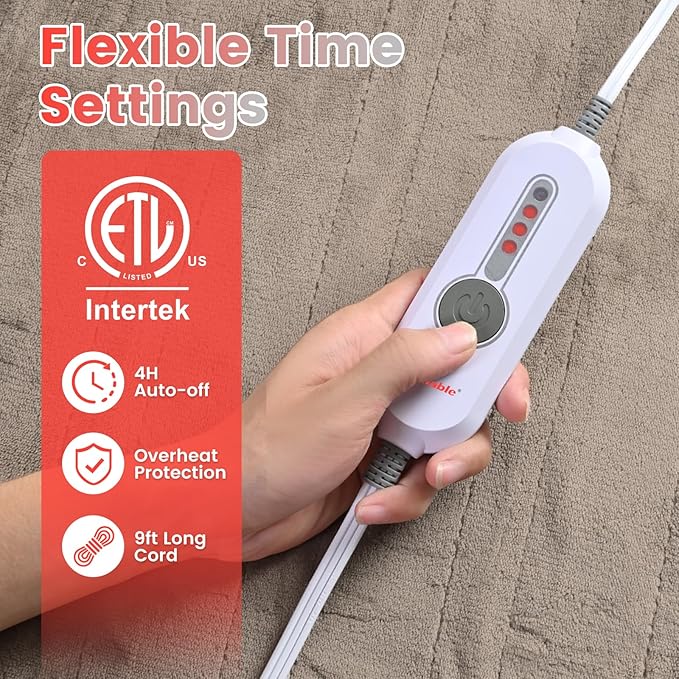 Sunable Heated Electric Throw - Machine Washable Soft Comfortable Heating Blanket with 4 Heat Settings 50×60 inches Taupe - Velvet