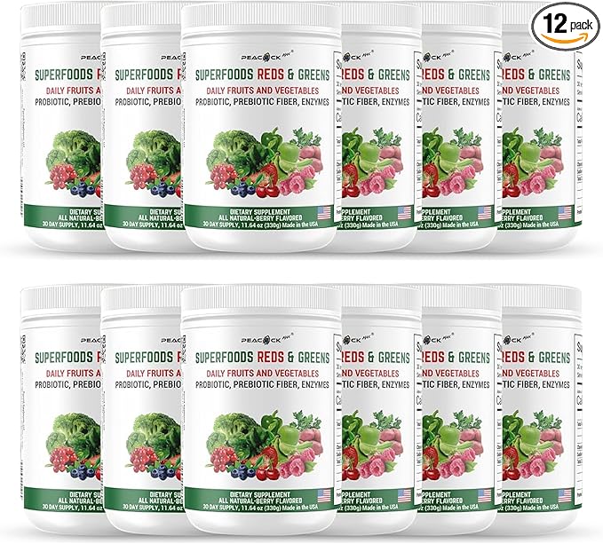 Superfood Reds & Greens Powder - 11.64 oz (Pack of 12), Prebiotics & Probiotics for Digestive Health, Super Greens Powder with Ashwagandha, Antioxidants, Vegan, Non-GMO