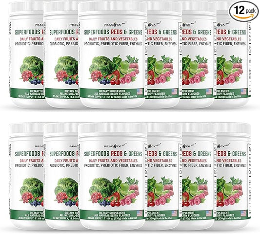 Superfood Reds & Greens Powder - 11.64 oz (Pack of 12), Prebiotics & Probiotics for Digestive Health, Super Greens Powder with Ashwagandha, Antioxidants, Vegan, Non-GMO