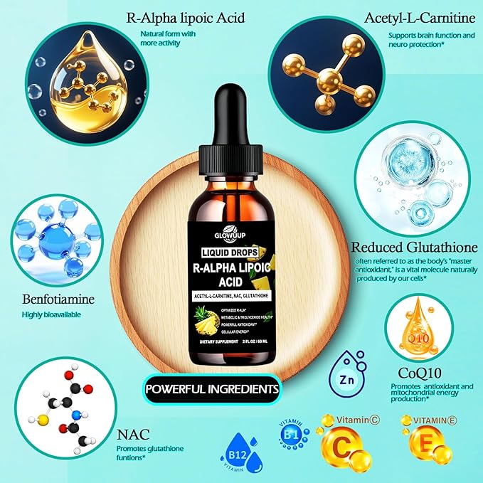 R Alpha Lipoic Acid 600mg Liquid Drops, Pure R-Lipoic Acid Nutritional Supplement for Antioxidant, Cellular Metabolism Energy & Nerve Health*, Enhanced Active R-ALA with 6X Absorption Than Capsules