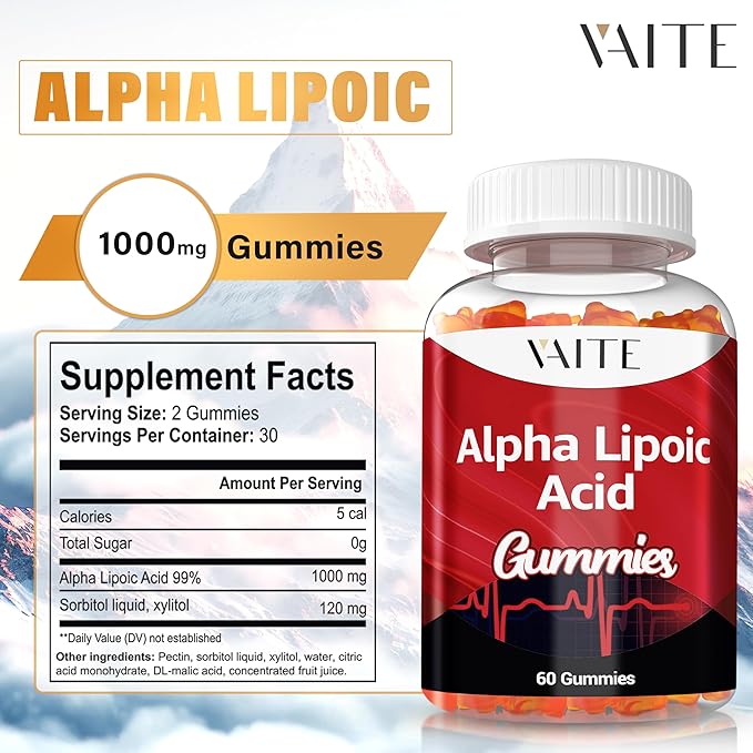 Alpha Lipoic Acid Gummies 1000mg, ALA Supplement for Brain & Nerve Support, Antioxidant, Energy – Non-GMO, Vegan, Gluten-Free – 60 Chewables for Vitality and Comfort for Men & Women