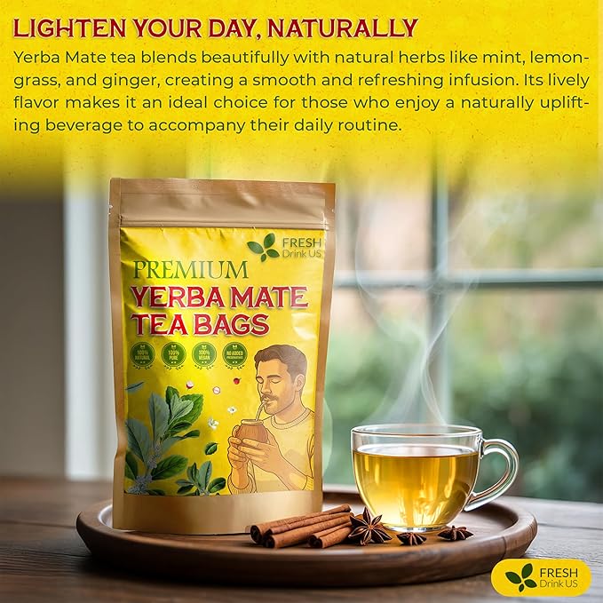 FreshDrinkUS, Yerba Mate Tea Bags | 120 Tea Bags | Traditional South American Herbal Tea β Smooth & Refreshing Flavor β Premium Quality, Sustainably Sourced. Vegan.