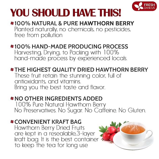 FreshDrinkUS, 16oz Premium Dried Hawthorn Berries β All-Natural, Non-GMO, Perfect for Tea, Smoothies, Baking & Snacking β Healthy, Versatile Superfood