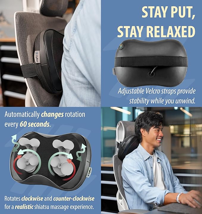 Zyllion Shiatsu Back and Neck Massager with Heat - 3D Electric Kneading Deep Tissue Massage Pillow with 8 Massaging Nodes for Muscle Pain Relief, Black, ZMA-25