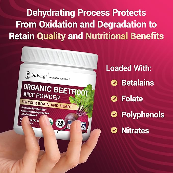 Dr. Berg Raw Organic Beet Powder from Real Earth-Grown Beets – USDA Certified Organic Beet Root Powder to Support Nitric Oxide Levels, Energy, Blood Flow, & Heart Health* – 30 Servings