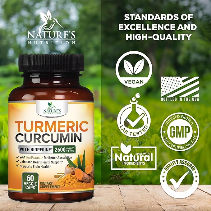 Turmeric Curcumin Supplement 2600mg - 95% Curcuminoids with Organic Turmeric & BioPerine Black Pepper Extract for Best Absorption, Natural Vegan Joint Support, Non-GMO, Bottled in USA - 60 Capsules