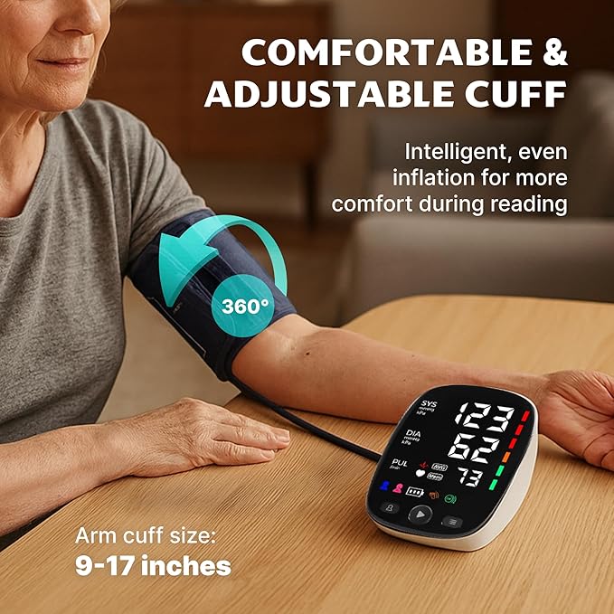 Blood Pressure Monitor for Home Use – Adjustable Upper Arm Cuff, Digital BP Machine with Dual User Memory, USB Rechargeable Blood Pressure Machine