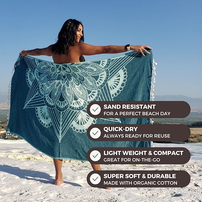 FESHKA Sand Proof Turkish Beach Towel – Oversized, Quick Dry & Lightweight Travel Towel - 100% Organic Cotton Beach Blanket - Perfect for Bath, Pool & Picnic | Frozen (Teal)