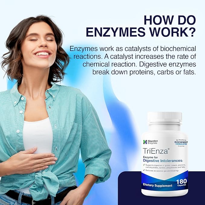 Houston Enzymes TriEnza Digestive Enzymes for Women & Men, Digestive Enzyme Supplements for Proteins, Carbs, Fats & Polyphenols Help Break Down Wheat, Dairy, Soy, 180 Capsules (90 Doses)