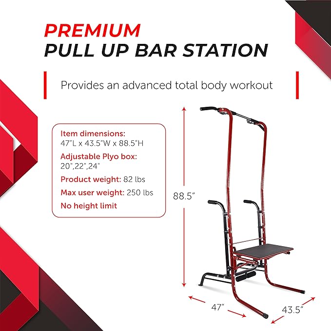 Stamina Power Tower - Dip Bar Pull Up Bar Station with Smart Workout App - Dip Bars for Home Workout - Up to 250 lbs Weight Capacity