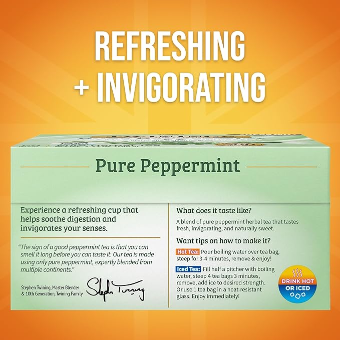 Twinings Pure Peppermint Herbal Tea Individually Wrapped Bags, 50 Count (Pack of 6), Fresh Minty Flavour, Naturally Caffeine-Free, Enjoy Hot or Iced, 300 Teabags
