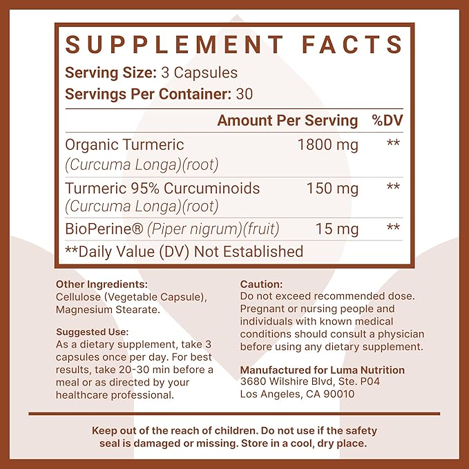 Luma Nutrition Turmeric Curcumin with Black Pepper - 95% Curcuminoids - 1950mg Per Serving - Premium Turmeric Supplement - with BioPerine for Max Absorption - Made in USA - 90 Capsules
