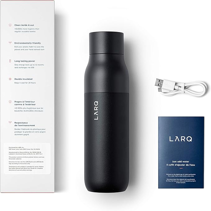 LARQ Bottle PureVis 25 oz - Self-Cleaning and Insulated Stainless Steel Water Bottle with UV Water Purifier and Award-winning Design | Reusable & Travel Friendly, Obsidian Black