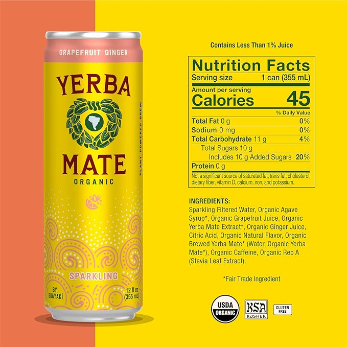 Yerba Madre Organic Sparkling Yerba Mate, Grapefruit Ginger, 80mg Natural Plant Based Caffeine, Smooth Energy & Focus, Carbonated, 12 Oz (Pack of 12) (Packaging May Vary)