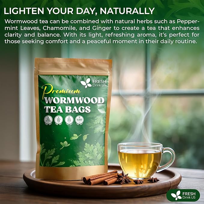 FreshDrinkUS, Premium Wormwood Tea - 75 Tea Bags - Handcrafted Herbal Blend, Caffeine-Free β Smooth Taste & Naturally Refreshing.