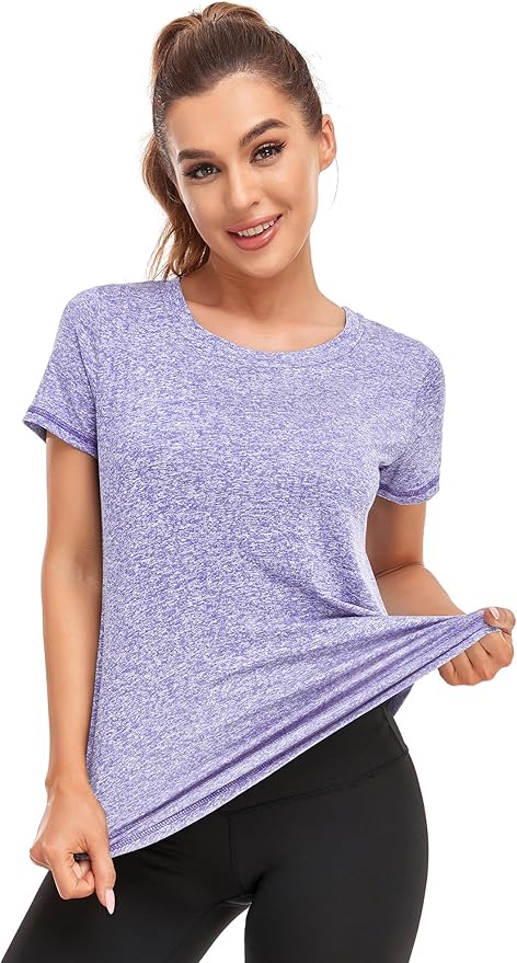 Women's Short Sleeve Workout Shirts Crewneck Sports Yoga Running Dry Fit Tops Side Split Tee
