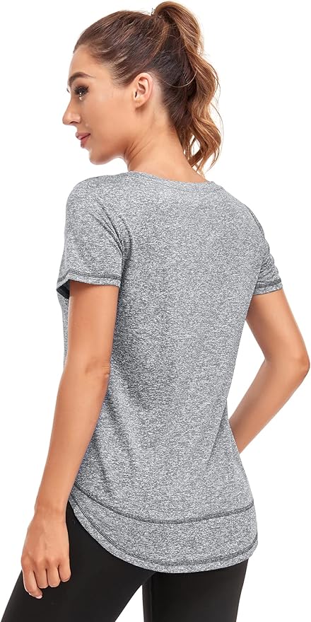 Women's Short Sleeve Workout Shirts Crewneck Sports Yoga Running Dry Fit Tops Side Split Tee