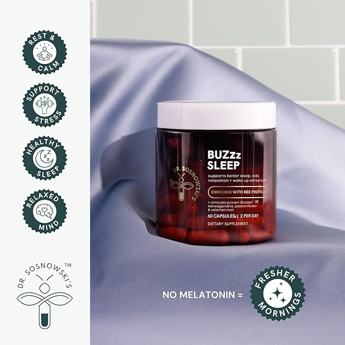 Dr Sosnowski's BUZzz Sleep Aid Supplement | Magnesium, Propolis, Ashwagandha, Valerian, Chamomile | Relax, Sleep Deeper, Wake Refreshed | 60 Capsules