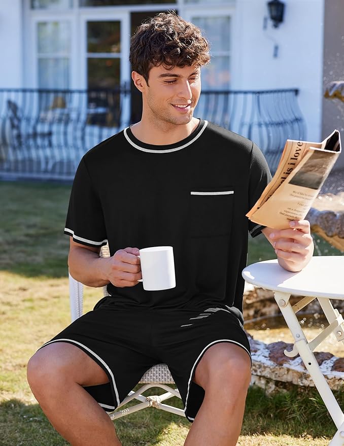Ekouaer Men's Pajamas Set Casual Short Sleeve Shirts and Shorts Soft 2 Piece Loungewear With Pockets