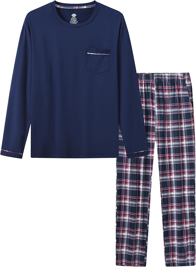 MoFiz Men's Pajamas Plaid Sets Sleepwear Sleep Long Sleeve Shirts and Pants Pajama Set Soft Mens Pjs Lounge Set with Pockets