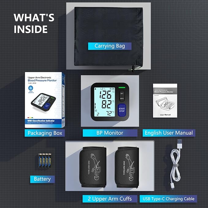Blood Pressure Machine Upper Arm, 2 Size Cuffs Fit Arms from Medium 9"-17" to Extra Large XL Cuff 13"-21", Accurate Automatic Digital BP Monitor Home Use, Large Backlit LCD, BP Cuff with 2-User Mode