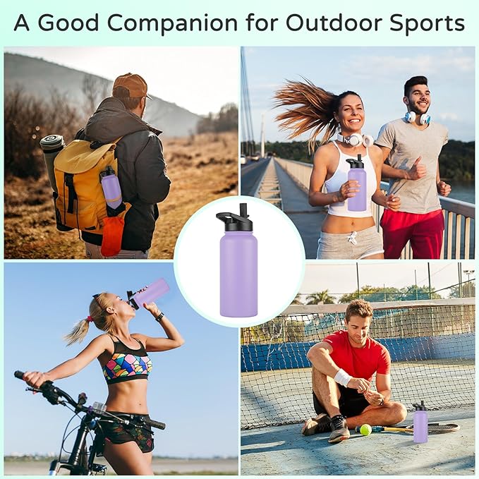 DOMICARE 32 oz Insulated Water Bottle, Vacuum Insulated Stainless Steel Sports Water Bottle with Straw Lid & Spout Lid, Leakproof, Reusable - Travel, Camping, Bike, Purple