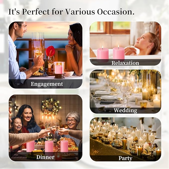 KONNI Pink Pillar Candles Set of 3, 3"x 4" Unscented Pillar Candles Bulk, 39 Hours Long Burning Candles, Smokeless&Dripless Large Round Candle for Wedding, Home Decoration, Parties, Spas, Dinner