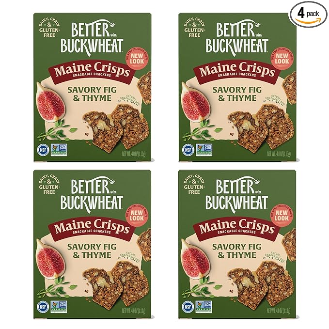 Maine Crisp Savory Fig & Thyme Crisps, 4 Pack, Vegan Gluten Free Crackers - Snack Crackers, Grain Free, Dairy Free, Non-GMO - Sweet & Savory Flavor, For Cheese Boards, Salad Toppings & Jams