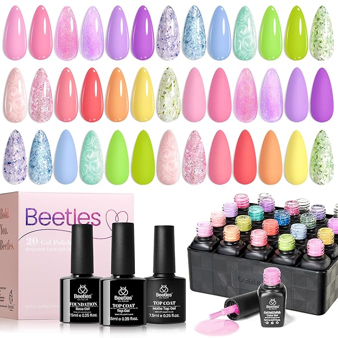 Beetles Gel Nail Polish Set - 28 Pcs Pastel Pink Yellow Green Blue Glitter Macaron Color Gel Polish Set Fluttered Eden Soak Off Nail Polish UV LED Nails Art Christmas Gifts for Women Girl