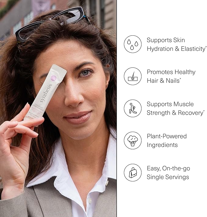 Synthesis Vegan Collagen Peptide Powder - Vegetarian Plant Based Collagen for Skin, Hair, Nails, Anti Aging, Muscles, Gut Health - Hyaluronic Acid, Biotin, Vitamin C, Antioxidants - 30 Stick Packs