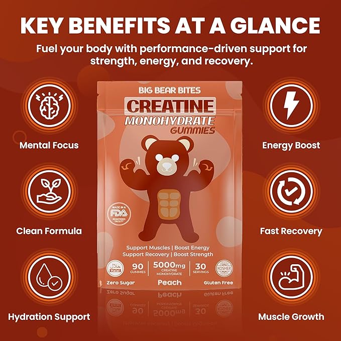 Creatine Monohydrate Gummies for Men & Women | 5000mg of Creatine Gummies per Serving | Sugar, Gluten Free & Halal | Pack of 90 for Pre Workout & Muscle Recovery | Peach Flavor